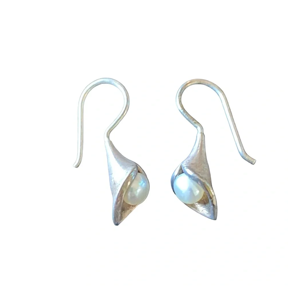 Sterling Silver and Pearl Bugle Shaped Teardrop Earrings